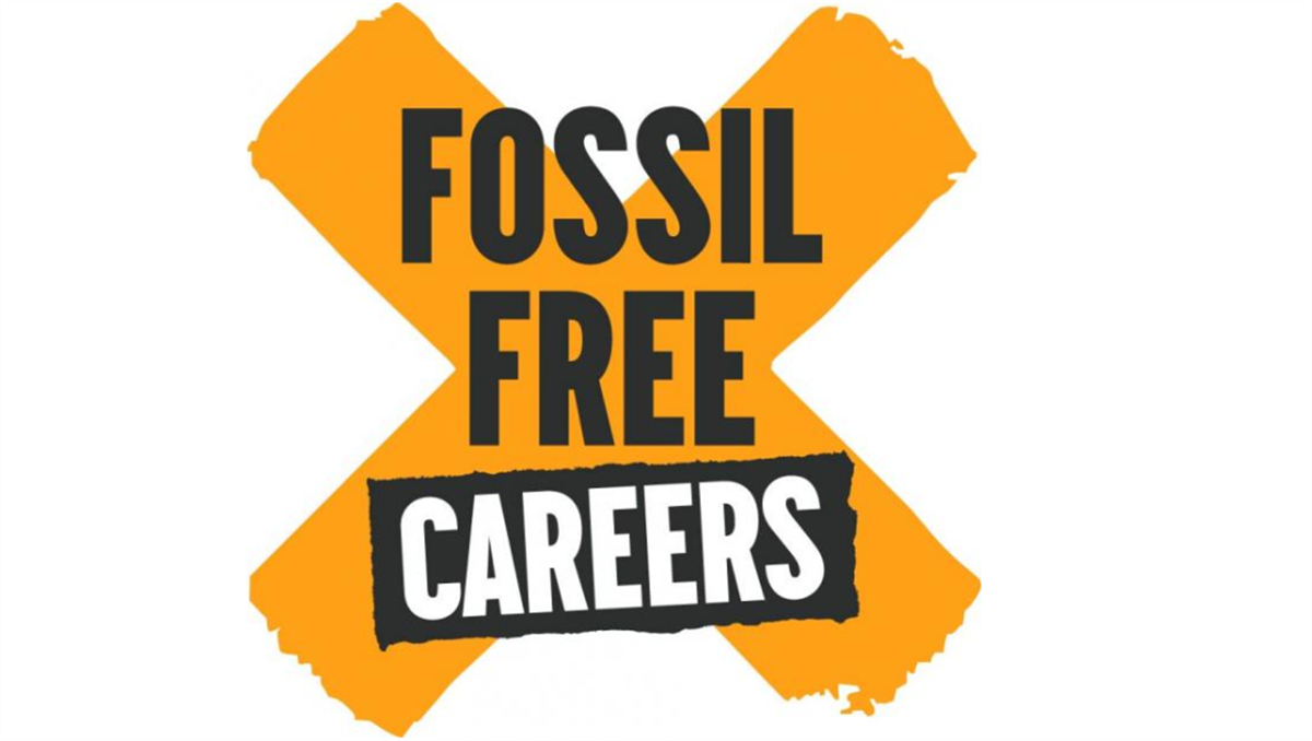 Logo of 'Fossil Free Careers' with an orange X in the background.