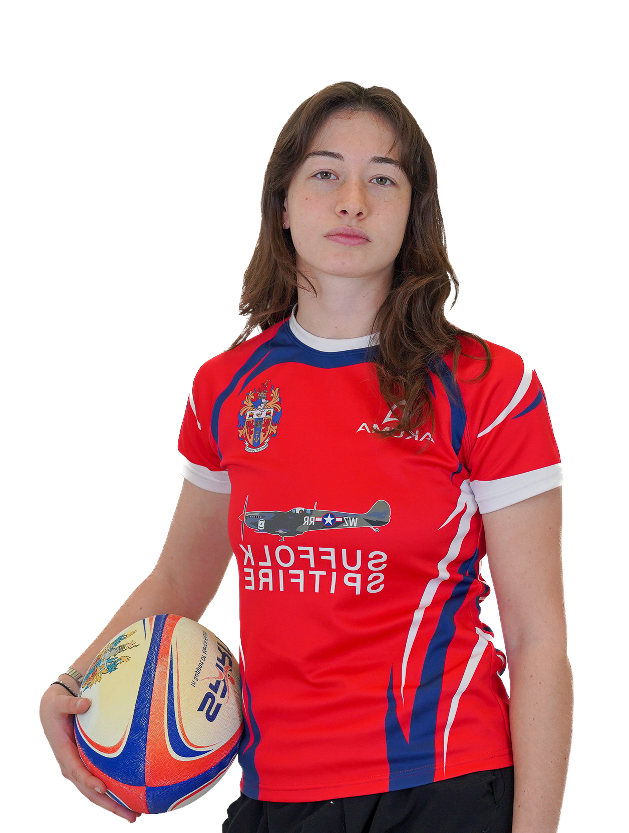 A KCL Women's Rugby player wearing a red shirt