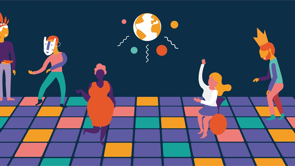 An illustration of characters dancing on a light up dancefloor