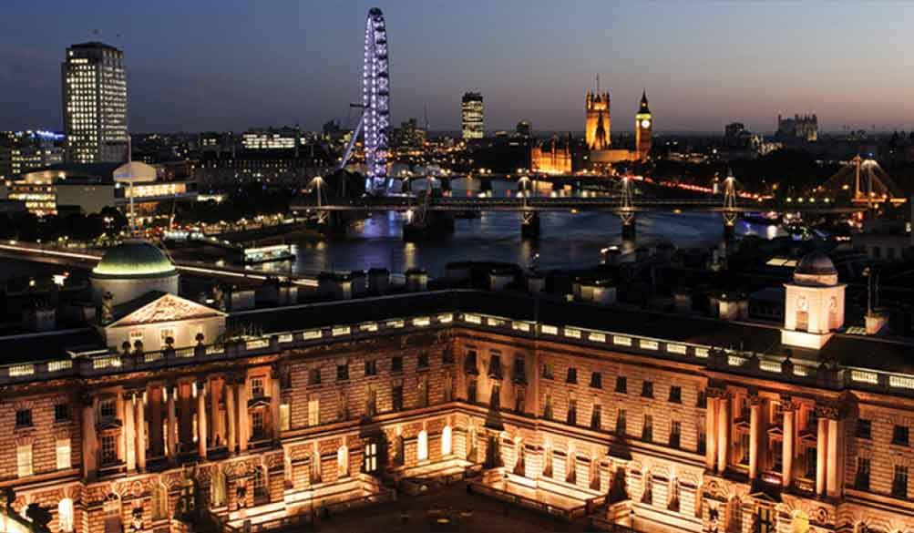 A photograph of the London skyline at night